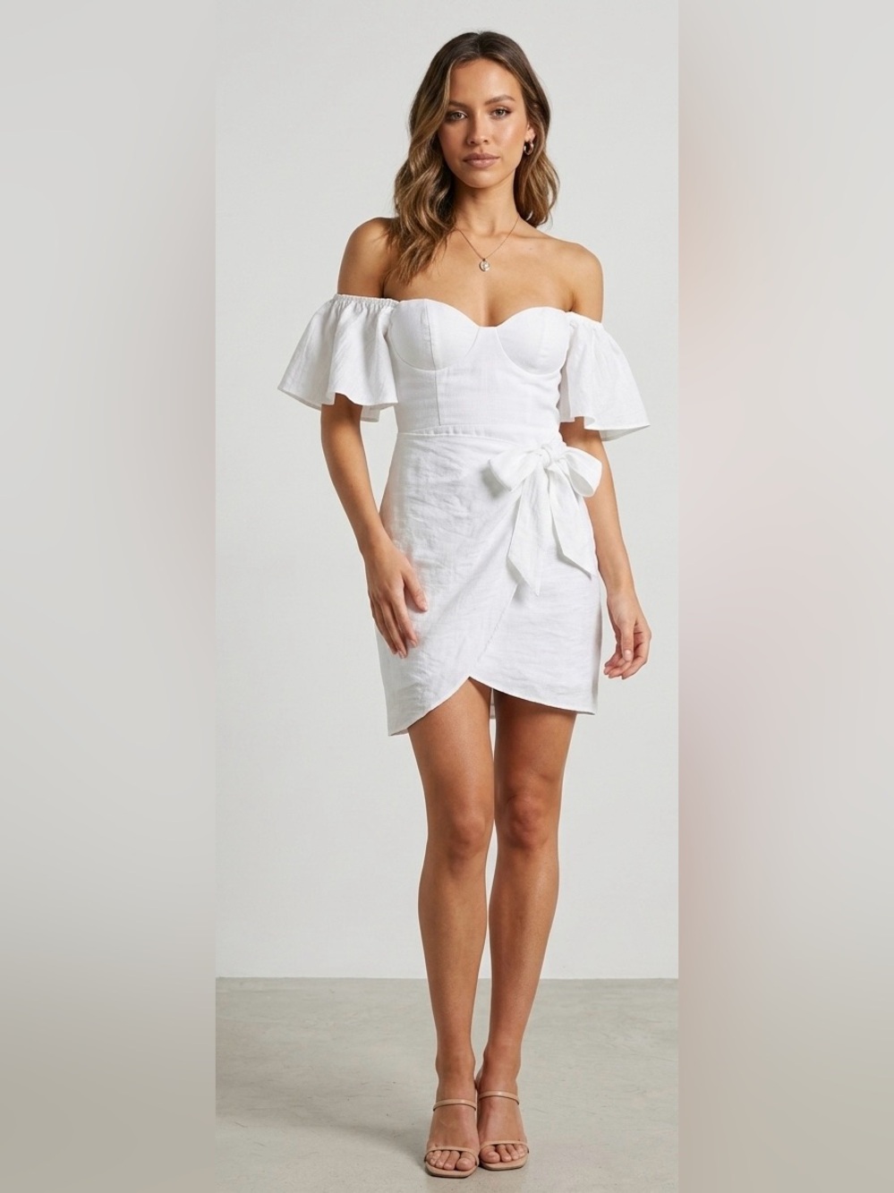 Selfie Leslie Stacey Frill Bustier Off-The-Shoulder Wrap Mini Dress White